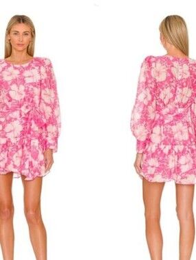 LoveShackFancy Pink and White Floral Long-Sleeve Mini Dress with Ruffle Hem